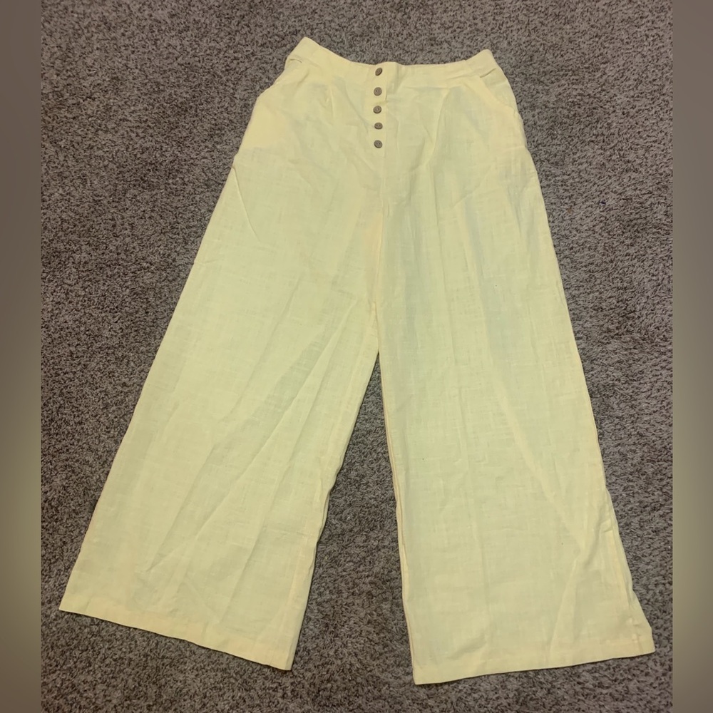 Yellow Cotton/Linen Women’s Sz XL Wide Legged Lounge High Waist Button Trousers